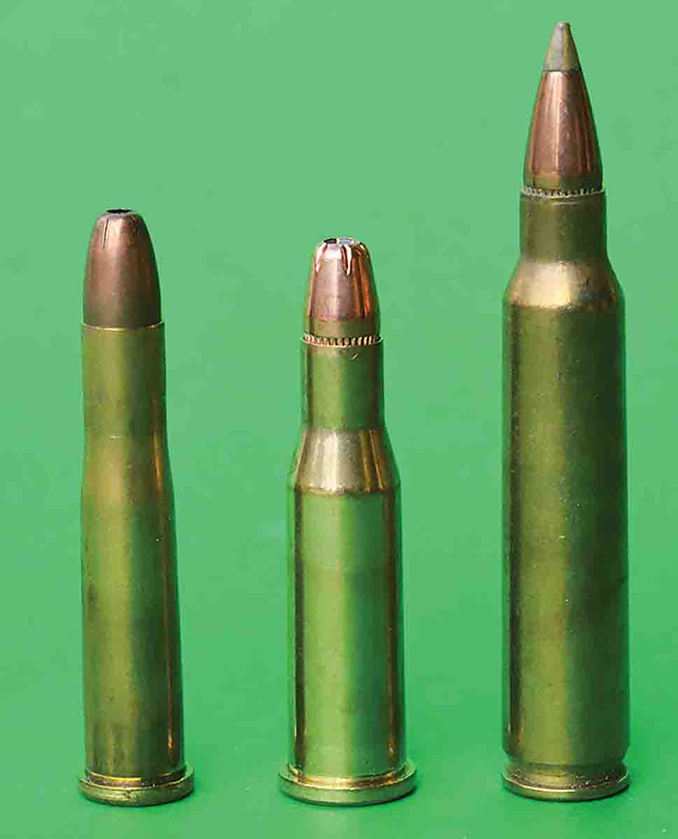 The .218 Bee (center) offers a performance the modern .223 Remington (right) easily outperforms it.